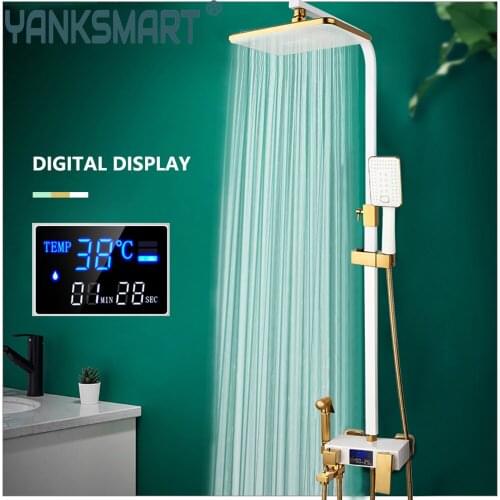 YANKSMART Hot And Cold LED Digital Shower Faucet Bathroom Shower System White Gold Shower Faucet Bath Shower Head Tap Combo Kit