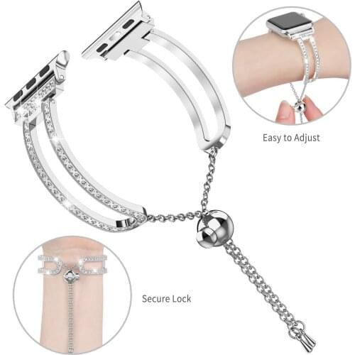 FEOOE Suitable for Apple Watch1/2/3/4 Metal Strap Stainless Steel Bracelet Steel Strap Diamond Chain Strap LXY
