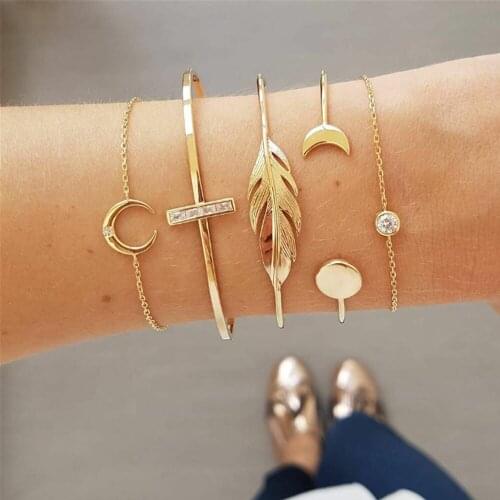 HOCOLE Fashion Punk Gold Chain Bracelet Set For Women Moon Leaf Crystal Open Cuff Bangles Bracelets Female Charm Beach Jewelry