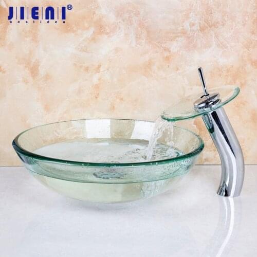 JIENI Tempered Basin Glass Lavatory Wash Basin Faucet Set Bathroom Round Sink Brass Polished Chrome Faucet Deck Mount Mixer Tap