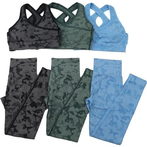 Camo Seamless Women Yoga Sport Suit 2 Piece Outfit Gym High Waist Leggings and Padded Sports Bra Set Female Workout Clothes