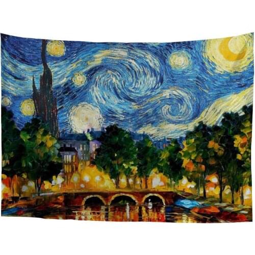 Classical Van Gogh The Starry Night Village Oil Painting Hippie Table Cover