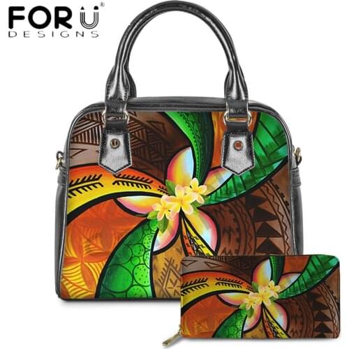 FORUDESIGNS High Quality 2pcs Set Women Handbag and Purse Hawaii Polynesian Art Printing Female PU Leather Totes Bag Lady Sac