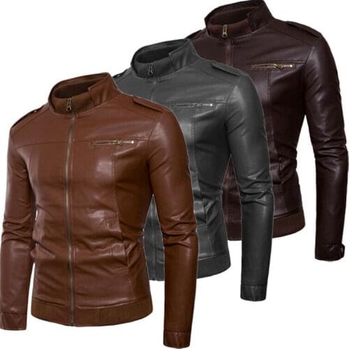 New arrival Autumn Male Leather Jacket Plus Size 3XL Black Brown Men Stand Collar Coats Leather Biker Jacket Coat Outwear