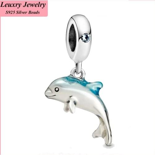 Leuxry Summer New S925 Sterling Silver Beads Shimmering Dolphin Dangle Charms fit Original Pandora Bracelets Women DIY Jewelry