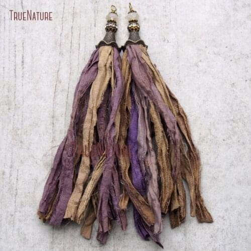 Fashionable Cubic Zircon Ball African Fallen Leaf Sari Silk Tassel Pendant Boho Antique Bronze Glory Plated In 6.8 inch PM9149