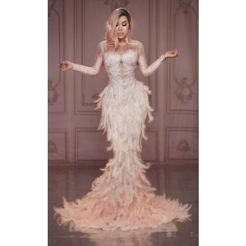 2019 New Women Sparkly Rhinestones Pink Feathers Trailing Dress Prom Models Catwalk Fishtail Long Dress Party Singer DS Costume