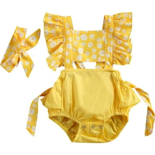 Toddler Baby 2 Pcs Newborn Casual Outfits Baby Girl Daisy Print Fly Sleeve Square Collar Tie Up Ruffle Romper + Headband