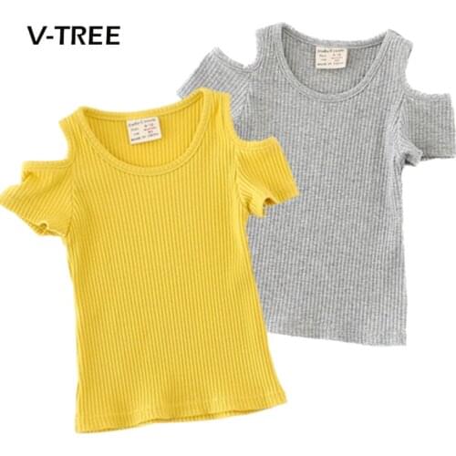 V-TREE New Baby Girls Clothing Summer T Shirts For Girls Bare Shoulders T Shirt Blouse Toddler Kids Tops Tees Girls Clothes 2-6Y
