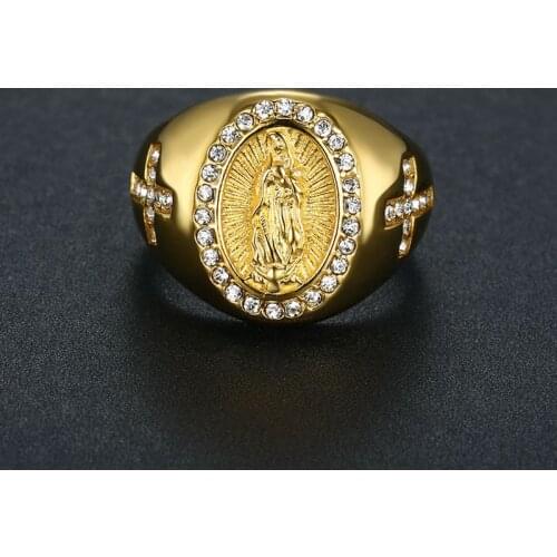 Punk Religious Zircon Virgin Mary Rings Stainless Steel Crystal Gold Color Aesthetic Hip Hop Christian Catholicism Jewelry Gift
