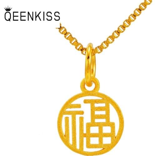 QEENKISS PT586 Fine Jewelry Wholesale Fashion Woman Girl Bride Birthday Wedding Gift FU Safety 24KT Gold Pendant Charm NO CHAIN