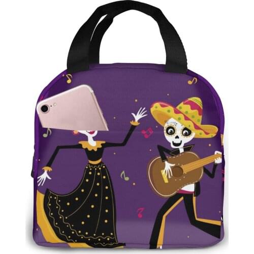 Dia De Muertos Couple Cooler Bag Portable Zipper Thermal Lunch Bag Convenient Lunch Box Tote Food Bag
