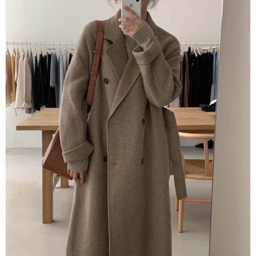 Vintage Women Double-Faced Cashmere Coat 2021 Winter Fashion Woolen Jackets Ladies Elegant Soild Loose Coats Streetwear Outwear