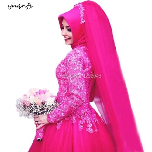 YNQNFS MW23 Robe de Mariee Princess Dubai Long Sleeve Hijab Muslim Wedding Dress Bridesmaid Hot Pink Abiye Gece Elbisesi 2019