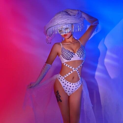 Mystery Women Nightclub Stage Costume Bar DJ Singer Clothes Tassel Hat Diamond Bikini Gogo Party Outfits Pole Dance Wear BL4890