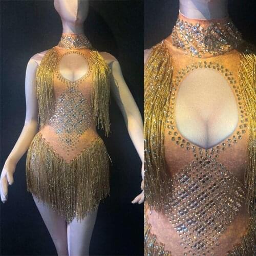 Gold Bodysuit women Rhinestone Tassel Latin Dance Wear Stage Stretch Singer Dancer festival clothing spandex Leotard party club