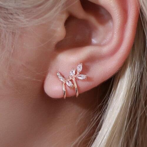 Retro No Pierced Crystal Flower Leaves Earrings Rose Gold Color Ear Cuff Wrap Clip Earrings for Women Ear Bone Earcuff Jewelry