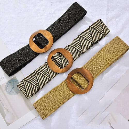 Womens Fashion PP Straw Woven Elastic Belt Pure Color Wooden Round Buckle Wide Strap Casual Ethnic Style Unisex Belts