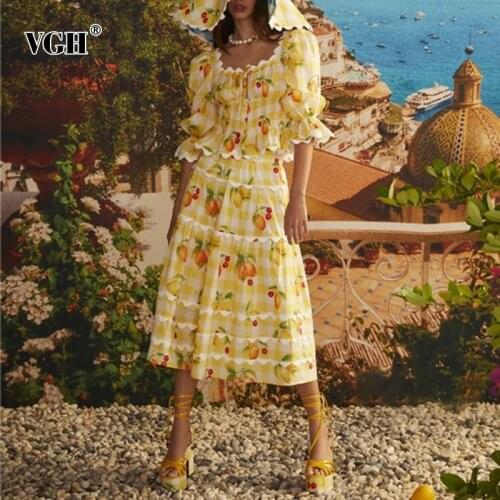 VGH Sweet Two Piece Set For Women Square Collar Puff Sleeve Lace Up Short Tops High Waist Midi Skirts Casual Sets Female Fashion