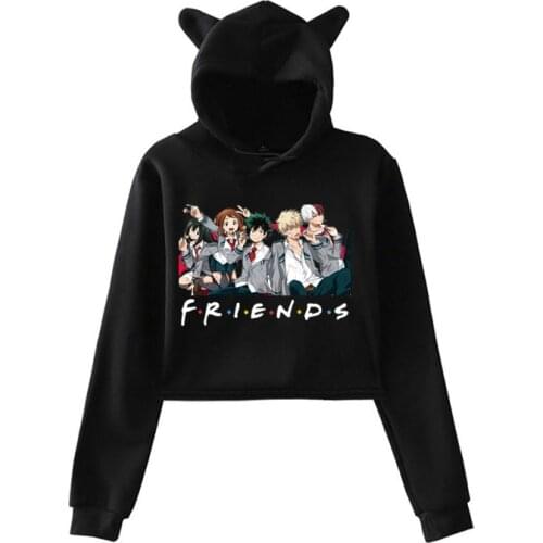 Anime My Hero Academia girls Sweatshirt Long Sleeve Casual Cartoon Crop Hoodies Friends Print Womens cat ear Hoodie Pullover