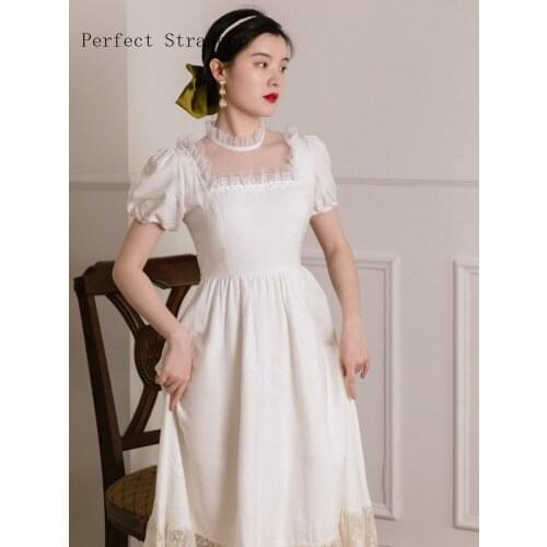 2021 Summer New Arrival Princess Style Stand Collar Embroideried Short Sleeve Women Long Dress White Clothes