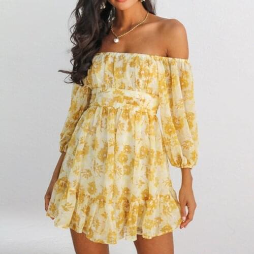 Off Shoulder Print Ruffles Womens Mini Dress Long Sleeve Backless Women Short Dresses 2021 Summer New Lace Up Ladies Clothes