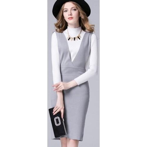 2016 new arrive women autumn winter sweater dresses slim V-neck long sexy dress with sweater two piece sleeveless dress
