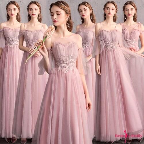 Beauty Emily Boat Neck Lace Bridesmaid Dresses Long Tulle Chiffon Appliques Party Dress For Wedding Pleated Elegant Prom Gowns