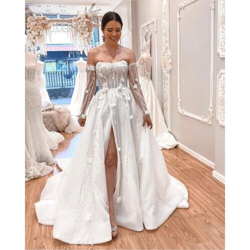 Sexy Mermaid Wedding Dresses Lace With Embroidery Elegant Strapless Puff Sleeve Bride Dresses Appliques With Plus Size Train