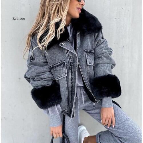 Winter Faux Fox Fur Collar Jackets Women Fashion Short Denim Coats Women Elegant Big Pockets Jackets Female Ladies JM