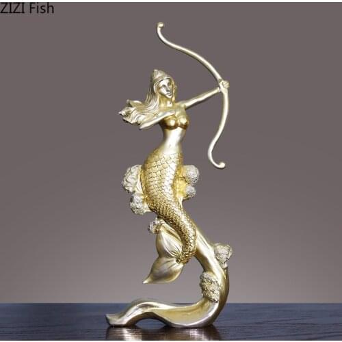 Golden Mermaid Resin Ornaments Angel Goddess Bow Portrait Statue Desk Decor Statuette Nordic Home Decoration Accessories Modern