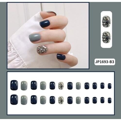 24Pcs/Set Blue Grey 3D Diamond Fake Nails Square Short Glossy False Nails Women Manicure Full Finger Nail Art Tips With Glue