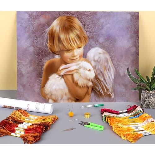 Angel Kids Printed Water-Soluble Canvas 11CT Cross Stitch DIY Embroidery Complete Kit DMC Threads Knitting Handmade Jewelry
