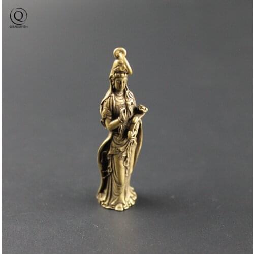 Pure Copper Solid Mini Guanyin Buddha Handmade Keychains Pendants Hanging Jewelry Lucky Blessing Brass Car Keyrings Accessories