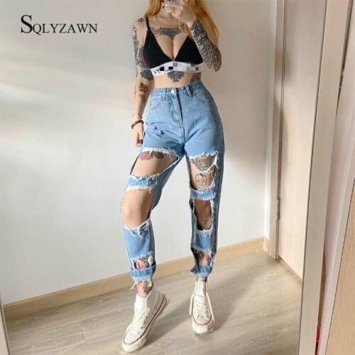 Summer Casual Denim Sweatpants Women Harajuku Hole Jeans Ripped Straight Trousers Streetwear Loose High Waist Pants Sexy Joggers