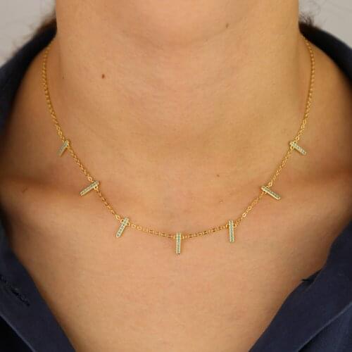 Real 100% 925 sterling silver minimal bar cz turquoises stone fashion mini charm chain necklace summer gorgeous charm necklaces