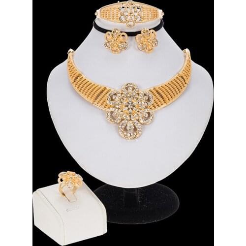 Gold color jewelry sets African bridal wedding gifts for women necklace bracelet earrings ring set flower jewellery Ornament set