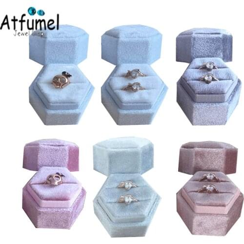 Elegant Velvet Wedding Engagement Diamond Ring Jewelry Box Hexagon Ring Package Storage Display Gift Box Earring Box 6 Colors