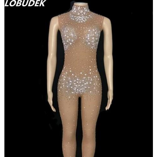 Summer Women Jumpsuit Nude Mesh Transparent Sleeveless Rhinestones Rompers See Through Elastic Leotard Singer Show Stage Costume