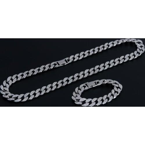 Hip Hop 2pcs kit Miami Curb Cuban Chain Necklace 13-15MM Golden Iced Out Paved Rhinestones CZ Bling Rapper Necklaces Men Jewelry