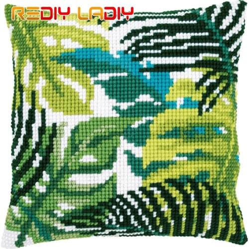 Cross Stitch Cushion Cover Botanical Leaves Pillow Case Pre-Printed Canvas Acrylic Thick Yarn Arts Cross-stitch Needlepoint Kits