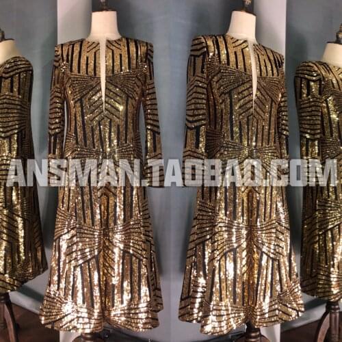 Male Singer DJ Nightclub Bar Gold Sequins Overcoat Long Coat Punk Dancer Stage Concert Performance Long Blazer Custom S-5XL