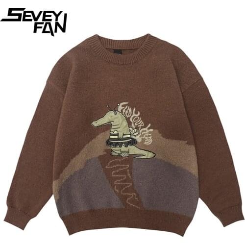 SEVEYFAN Mens Retro Cartoon Crocodile Embroidery Sweater Loose O Neck Pullover Knitwear for Couples