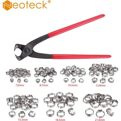Neoteck 130Pcs Stainless Steel Single Ear Hose Clamp 6-21mm 304 Stainless Steel Single Ear Stepless Hose Clamps Assortment Tools