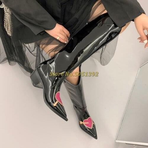 Newest Knee High Boots Patent Leather Sexy Pointed Toe Medium Chunky Heel Polish Shiny Black Fashion Women Winter Boots
