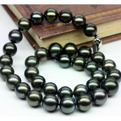 925 silver real natural big Tahitian Black Pearl Necklace 11-13mm round very light AAAA seawater pearl