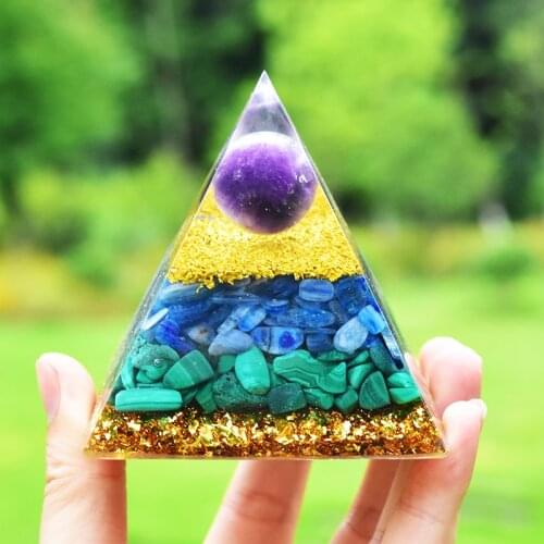 Handmade Energy Orgonite Pyramid Amethyst Crystal Sphere & Malachite 2.7 Inch Orgone Pyramid Office Decorations Chakra Balancing