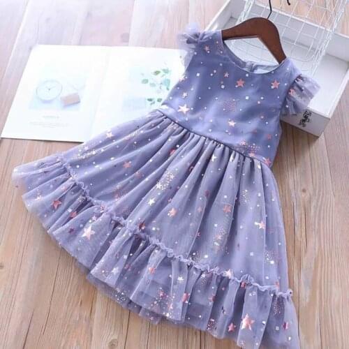 Girls Dresses 2019 Spring New Childrens Wear Girls Sweet Five-Pointed Star Sequins Mesh Sleeveless Ruffled Dress
