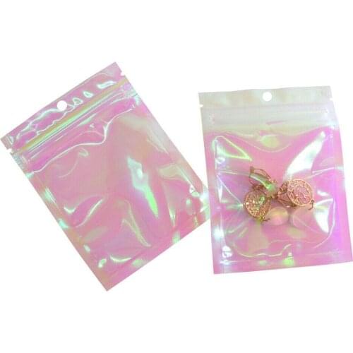 Thick Reclosable Holographic Pink Zipper Packaging Bag Cosmetic Jewelry Flat Pouches Small Plastic Zip Lock Bags 10pcs