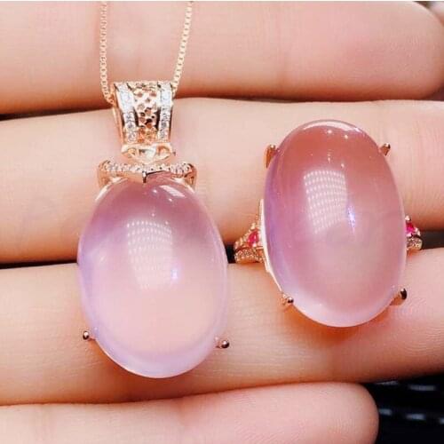 Per jewelry Natural real rose quartz luxury big jewelry set 1pc ring 1pc pendant 11ct*2pcs gemstone 925 sterling silver J204630